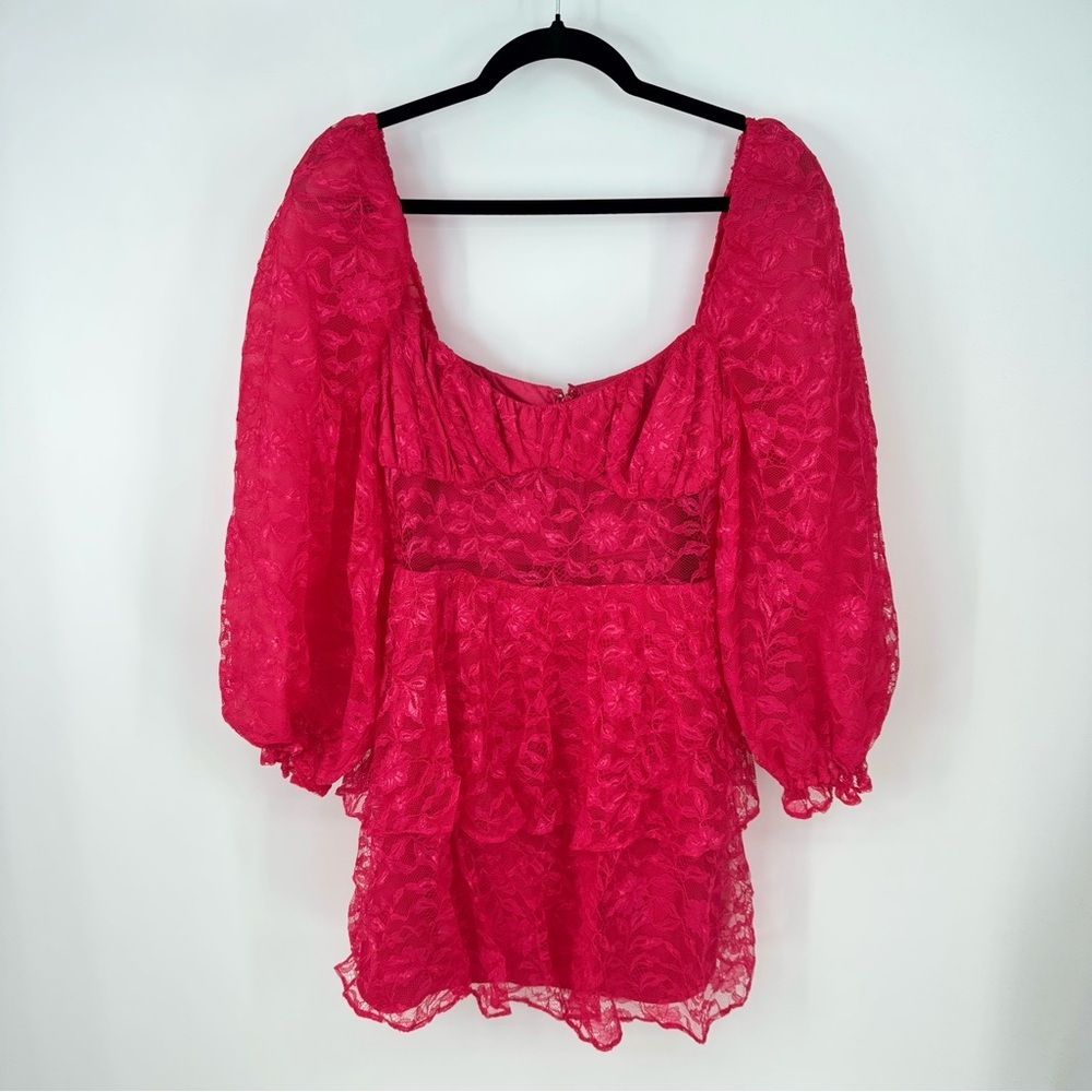 Majorelle Brielle Pink Lace Tiered Puff Sleeve Balloon Sleeve Barbie Mini Dresss - Picture 3 of 9